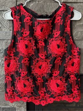 alice + olivia Black Sleeveless Top w/ Red Floral Embroidery